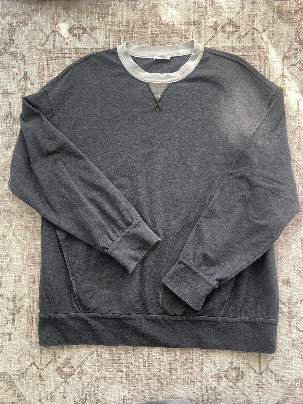 Brunello Cucinelli Grey Crewneck Sweater with White Trim and Embellished Detail - Picture 5 of 10